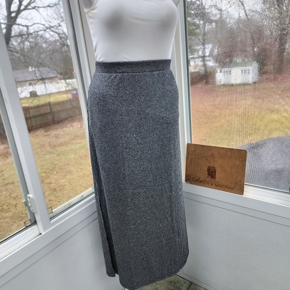 Old Navy High-Waisted Rib-Knit Silver Glittering Shine Maxi Side Slit Skirt - Picture 8 of 12